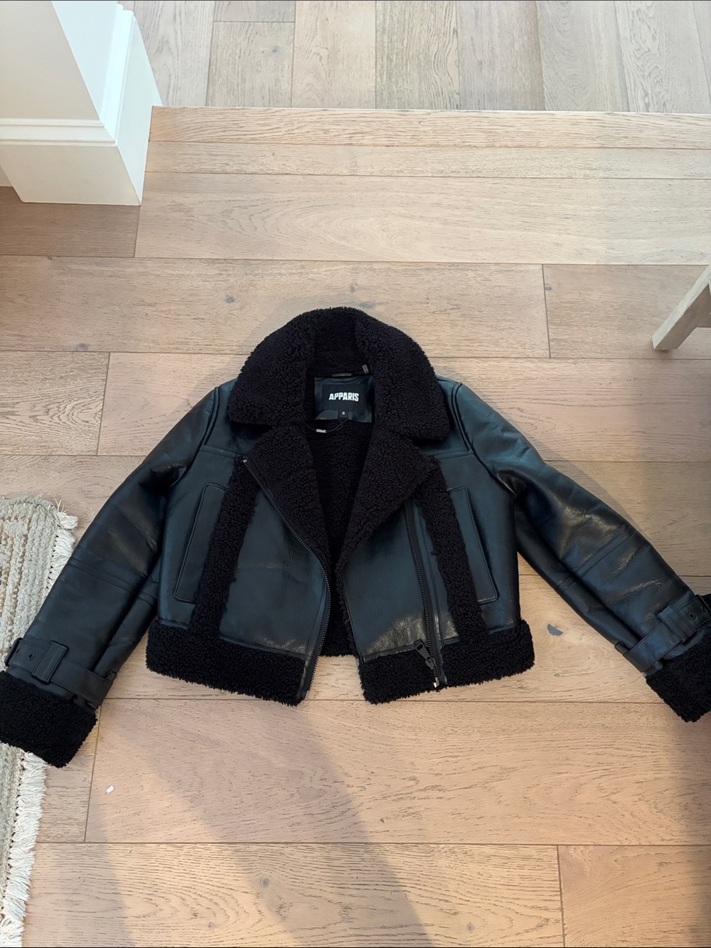 Apparis Black Faux Shearling Cropped Aviator Peacoat